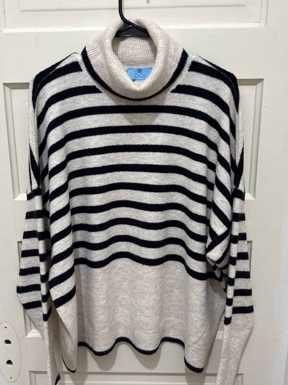 CeCe Black & White Striped Turtleneck Sweater